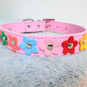 NEW PINK LEATHER FLORAL FLOWER DOG PET COLLAR L